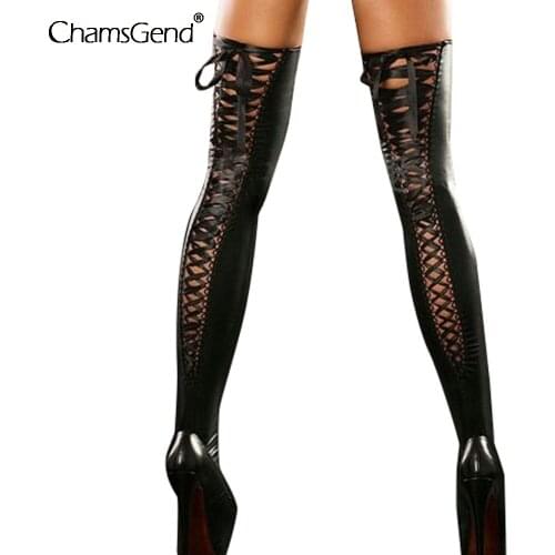 Sexy Club Women Comfortable Thigh-high Stockings Leather Lace Bow Long Socks Sexy Pantyhose Party Club Net Holes Stocking