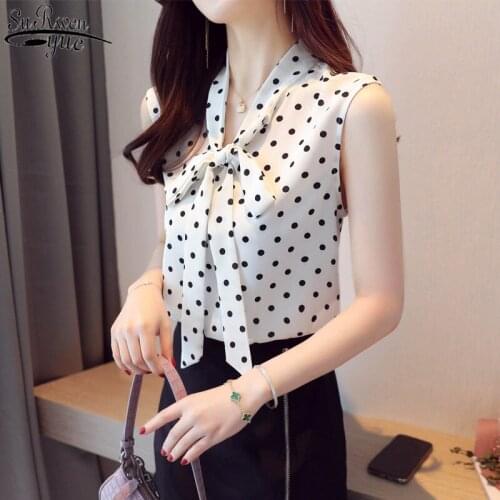 White Blouse Black Dot Print Blouses Women Sleeveless Shirt Casual Top Clothing Korean 2021 Summer Bow Chiffon Shirt Blusas 9459