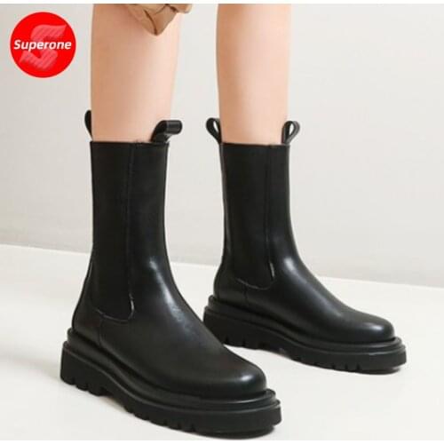 Superone Size 30-42 Women Boots Real Leather Winter Autumn Shoes Women Fashion Platform Short Boot Office Lady Footwear
