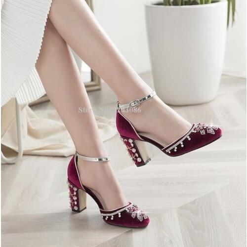 String Bead Crystal Chunky Heel Pumps Shoes Women Purple Velvet Rhinestone Jewelry Wedding Shoes Lady Best Design Single Shoes