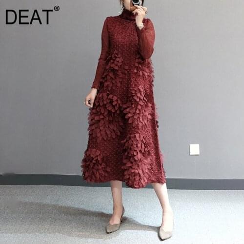 DEAT Pleated Dress Women Turtleneck Elegant Floral 3D Seven Sleeve Slim Casual Solid Over Knee 2021 New Autumn Fashion HT263