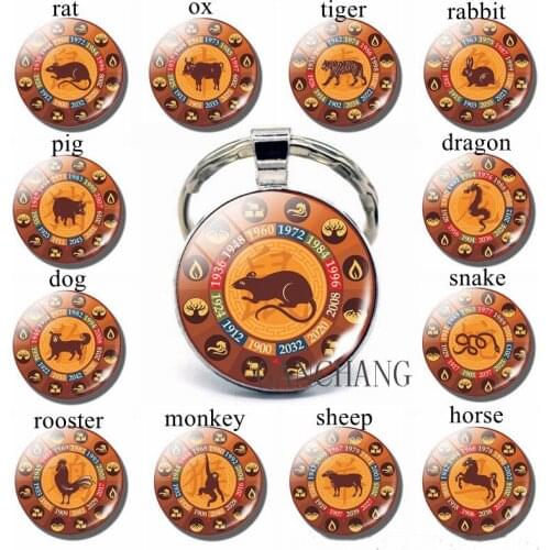 12 Zodiac Sign Photo Key Chain Rat Ox Pendant Glass Cabochon Jewelry Fashion Constellation Keychain Car Keyring Women MEN Gifts