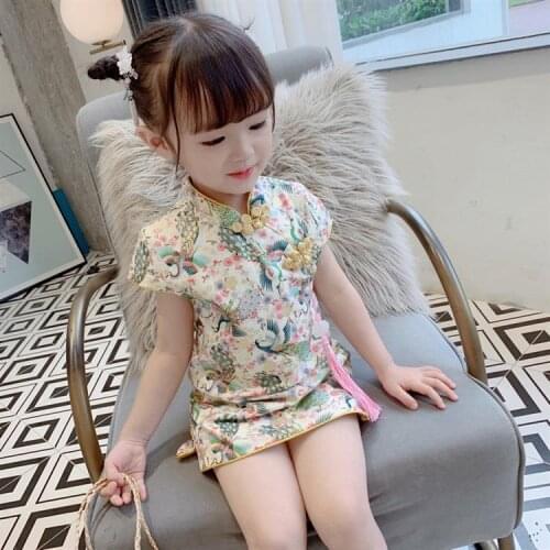 Chinese Cheongsam Princess Dress Baby Summer Girls Short Sleeve Cotton Flowers Cute qipao