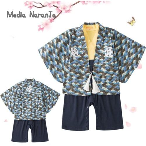 Baby boy springautumn long sleeve infant toddler blue flower print outwear +romper kimono costume Japanese style clothes