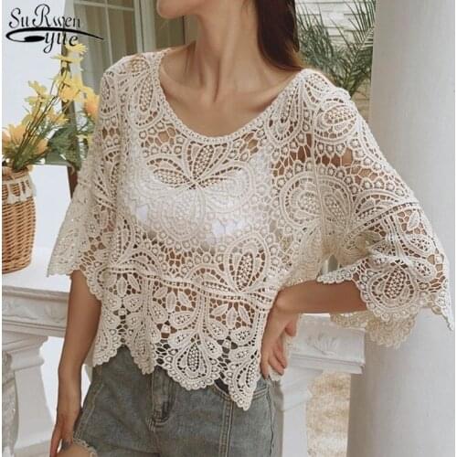 Summer Hollow Out Lace Shirt Women Hook Flower Top Female 2021 New Womens Short Sleeve Blouse Sunscreen Shirt blusas 14127