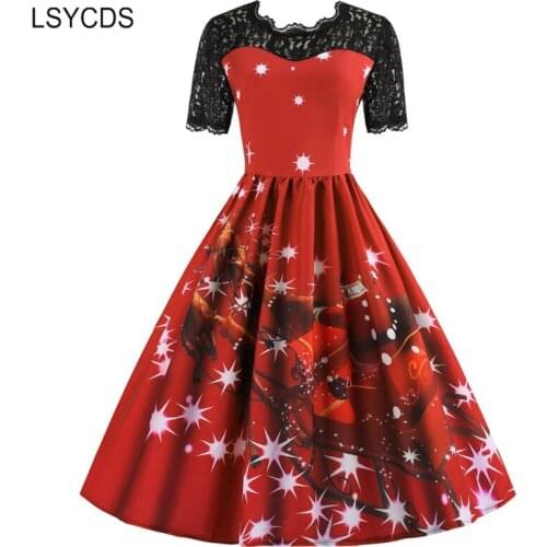 LSYCDS Plus Size Christmas Dress Women Lace Vintage Short Sleeve Retro Rockabilly Swing Dress Feminino Robe Party Vestidos