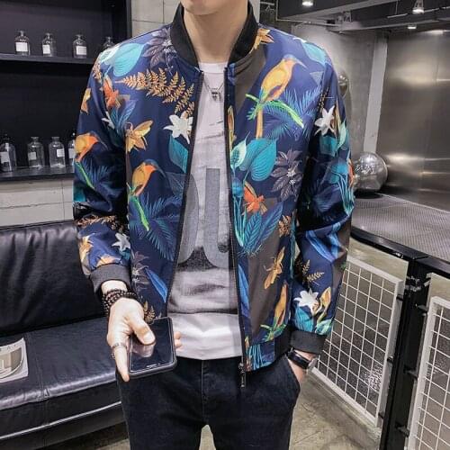 Fashion Casual Slim Jacket Men Spring Floral Print Business Bomber Jackets Streetwear Outwear Stand Collar Mens Coat Clothes