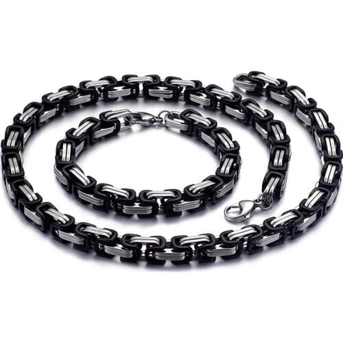 GNAYY Jewelry set Chhoose Stainless steel 5mm/6mm/8mm Fashion Black Byzantine Bracelet & Necklace Set Hip-Hop Jewelry
