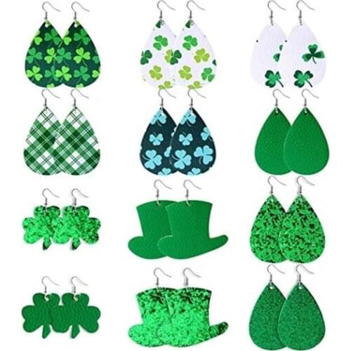 2020 New Glitter earrings Faux Leather Teardrop Leaf Earrings Water Drop Earrings Fashion St. Patricks Day Themed Earrings