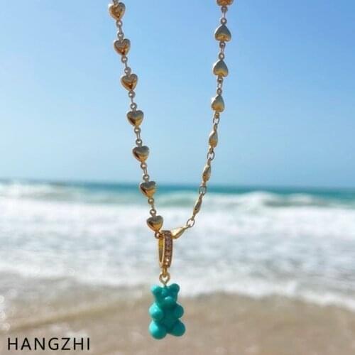 INES New Cute Turquoise Color Bear Pendant Choker Clavicle Love Chain Necklace Fashion Jewelry Gift for Women Girls HANGZHI 2021