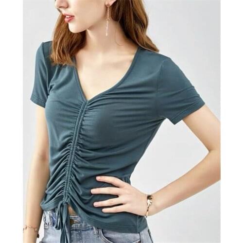 Solid Cotton Wome T-Shirt V-Neck Fashion Loose Slim T-shirt Plain Tops Tees Breathable Short Sleeve Soft Tops Plus Size M-7XL
