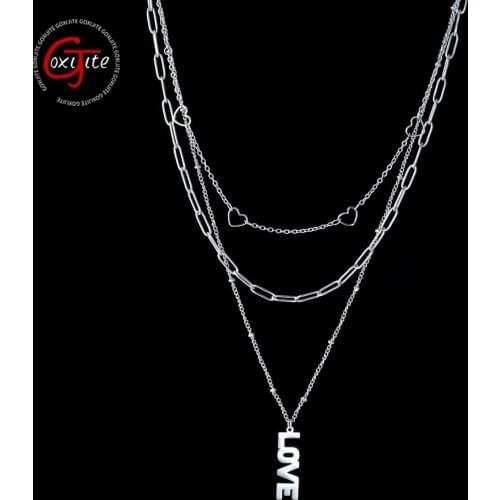 Goxijite Popular Love Pendant Necklace For Elegant Women Stainless Steel Three Layers Heart Charming Necklaces Jewelry Gift