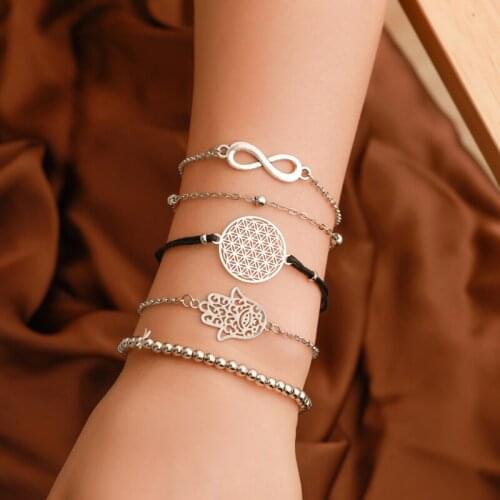 Simple Black Rope Hollow Flower Buddhas-hand Round Beads Eight Geometry Alloy Silver Plated Bracelets for Women 5pcs/set