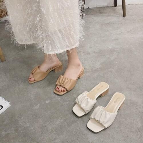 Slippers Women Summer 2021 New Sexy Square Toe High Heels Wrinkles Outerwear Stiletto Miller Sandals And Slippers Women TX457