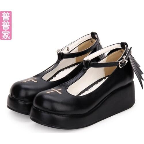 Sweet lolita thick-bottom angel wings princess shoes Thick Middle Heel Vintage Sweet Lolita Shoes JK Uniform girl Cosplay Kawaii