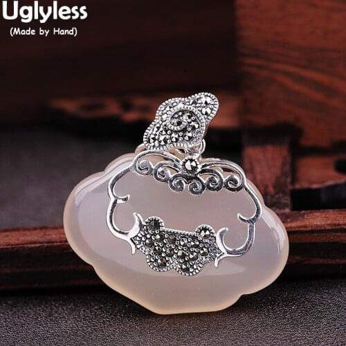 Uglyless Ethnic Heart-shape Chalcedony Pendants for Women Vintage Marcasite Jewelry Thai Silver 925 Silver Retro Brincos Bijoux