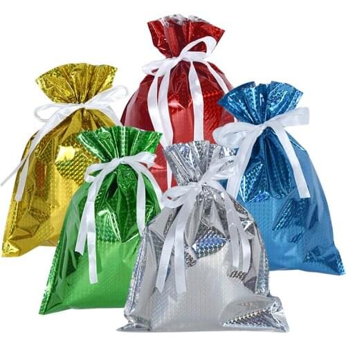 5pcs Large Laser Film Drawstring Gift Bag Wedding Christmas Decoration For Home Party Candy Gift Plastic Packaging Bag 31.5x24cm