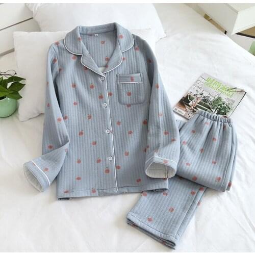 Japanese new style autumn and winter long-sleeved trousers, pure cotton air cotton, warm ladies pajamas, home service sleepwear