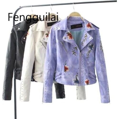 FENGGUILAI New Fashion 2020 Autumn Flower Embroidery Rivet Zipper Pu Leather Jacket Slim Short Cool Outerwear Coats Female
