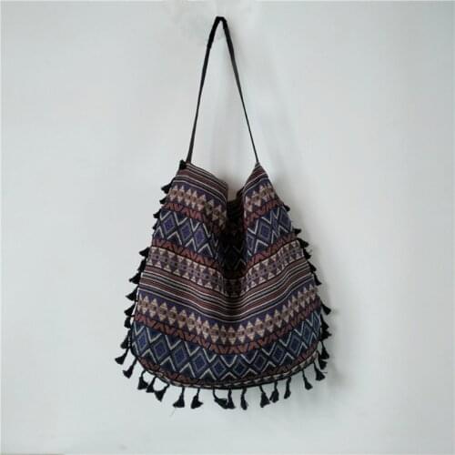 Women Bohemian Vintage Single Shoulder Tote Bag Multicolor Geometric Striped Tassel Ethnic Large Capacity Handbag Purse