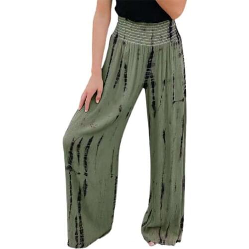 Women Pants 2021 High Waist Pants Full Length Elastic Waist Print Trousers Wide Leg Straight Women Trousers for Daily Wear