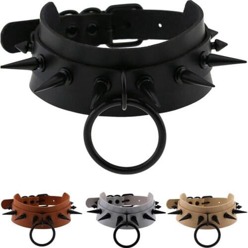 DIEZI Vintage Gothic Harajuku Cosplay Black Rivet Circle PU Leather Choker Necklace For Women Punk Statement Necklaces Jewelry