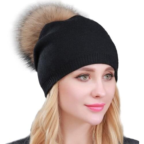 Thick Double Layer Cashmere Beanie Hat Big Real Raccoon Fur Pom Pom Hat Winter Slouchy Beanie Women Pom Pom Beanie Hat
