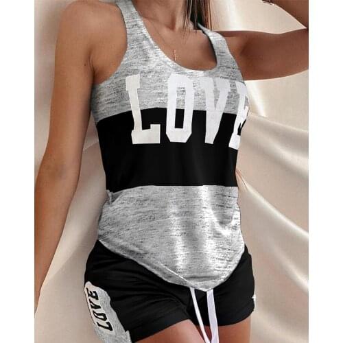 2021 Casual Loose Two Pice Set Homewear Women Summer Fashion Patchwork Letter Print Sleeveless Top And Short Suit Streetwear Set