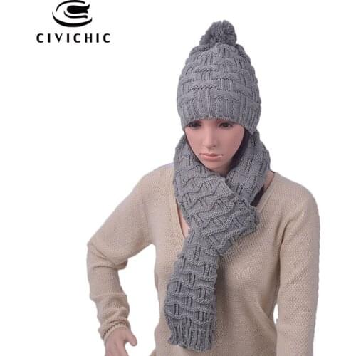 CIVICHIC Fashion Woman Crochet Winter Hat Scarf Set Korea Stylish Two Pieces Warmer Knit Cap Thicken Shawl Chic Headwear SH112