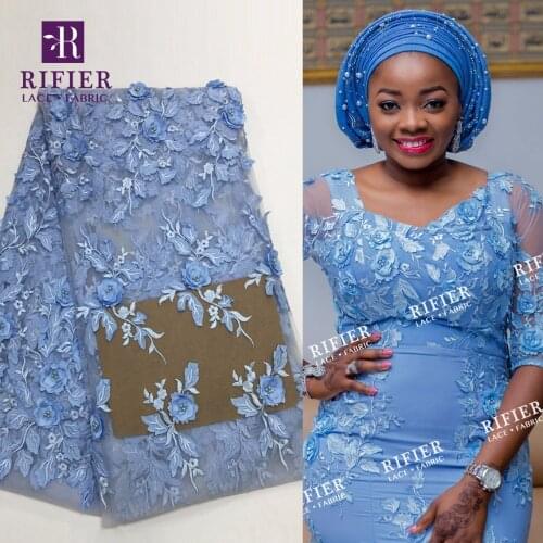 Elegent !! 3D Flower Design African Applique Net Lace Fabric With Beads Blue Color 2018 Quality India Lady Noble Dress Fabrics