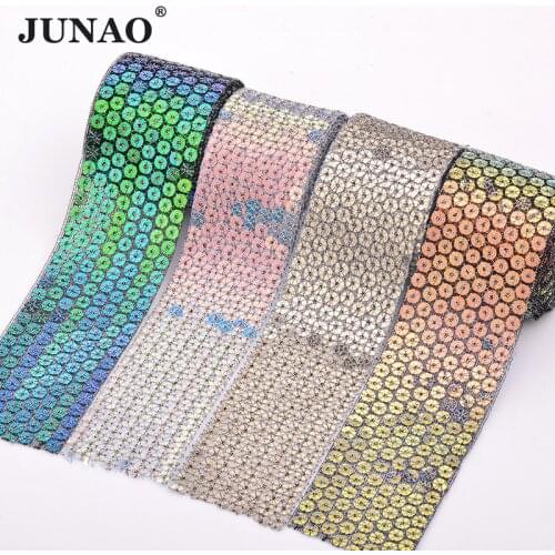 JUNAO 1 Yard 36mm Glitter Sewing Sequin Trim Round Paillett Sequins Ribbon Braid Sequins Fabric Material DIY Crafts Supply
