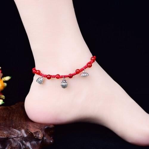 Classical Little Fish Bells Red Rope Anklet Ocean Beach Shell Crystal Female Jewelry Leathery Pinecones One Year Old Gift