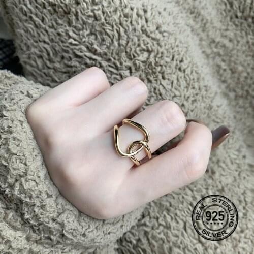 925 Sterling Silver Rings For Women Opening Adjustable Gold Geometric Retro Personality Simple Fashion Style Lady Jewelry INEFFA