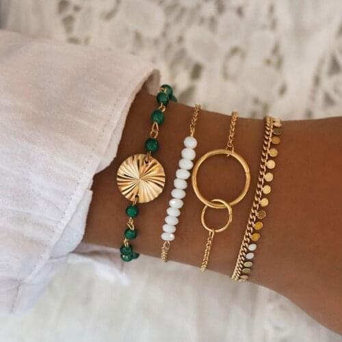 4 Pcs/ Set Green Beads Chain Bracelets Set for Women Beads Strand Round Loop Charm Bracelets Womens Gold Link Chain Braclets