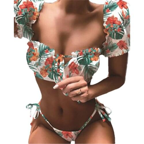 Two Piece Swimwear Women Sexy Split Type Low Waist Bikini Solid Color Swimwear Sets Fashion Lacing-up Bathing Suit