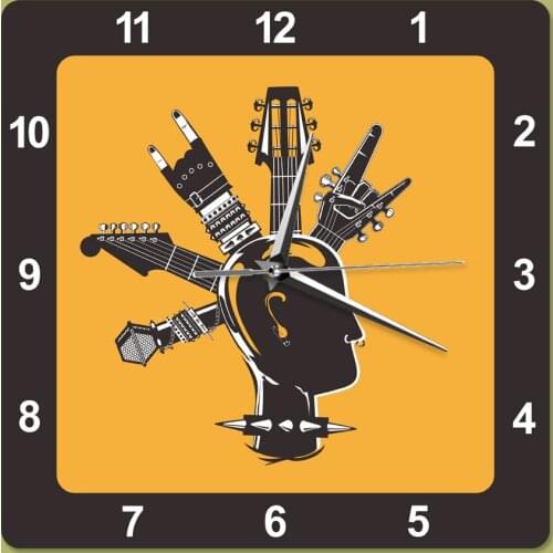 Guitar Rock and Roll Music Retro Style Heavy Cool Punk Head Print Square Wall Clock Metal Musical Instrument Wall Hanging Watch