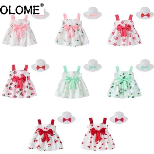 OLOME Summer Baby Girls Dress Sweet Infant Skirt A-line Kids Princess Dress Floral Clothing for Newborn Bow Tie Hat+Dress Lolita