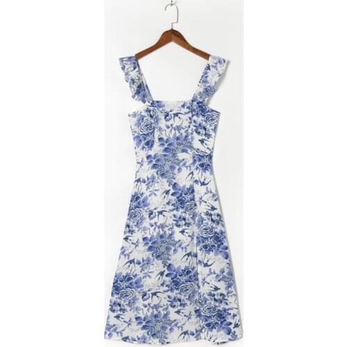 Summer Womens Casual Print Ruffled Slim Slim Strap Dress