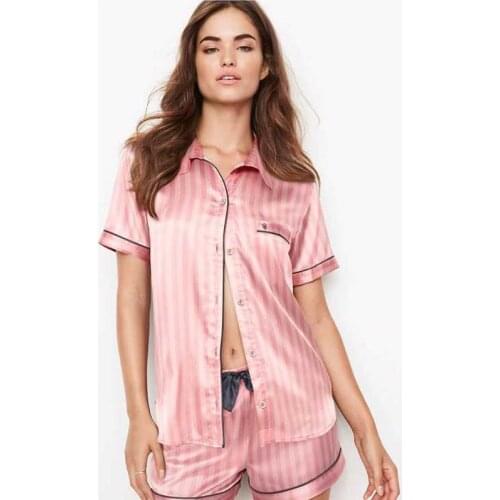 Summer Pajamas for Women Satin Silk Striped Sleepwear 2 Pieces Set Sleep Tops Pants Pjs Ladies Night Wear Loungewear Home Suit