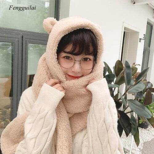2020 Fashion Winter Women Beanies Caps Warm Cute Bear Ear Hat Casual Plush Hat Scarf Set Casual Solid Women Caps Present