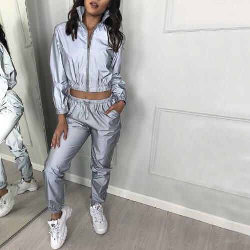 Fashion Zipper Sweatshirt Pant Reflective Two Piece Set Women Long Sleeve Tracksuit Women Blouse Conjunto De Mujer jogging Femme