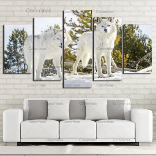 Modular Home Decor HD Printed Painting 5 Panels White Wolf Tree Snow Landscape Posters Wall Art Canvas Modern Pictures Unframed