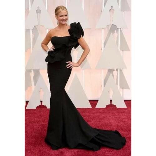 One Shouler Long Black Celebrity Inspiration Dresses with Train Mermaid Robe De Soiree Floor Length Ruffled Formal Dresses