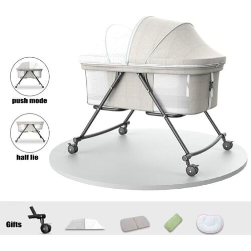 Portable Travel Bed with Mosquito Net, 4 Wheeled Baby Bassinet Newborn Infant Crib, Convert to Rocking Cradle