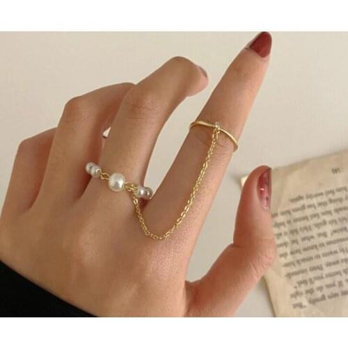 Simple Gold Color Alloy Chain Ring for Women Girls Imitation Pearls ndex Finger Ring Wedding Engagement Fashion Jewelry Gift