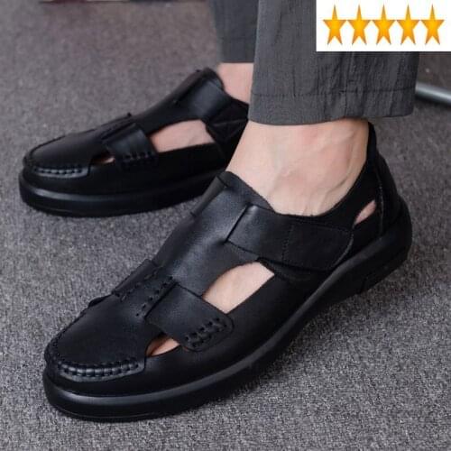 Casual Men High Business Quality Summer Breathable Leather Flat Sandals Street Hollow Round Toe Shoes Sandalias Hombre