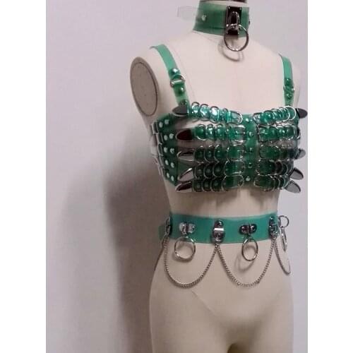 100% Handmade Sexy 5 Row Caged Bra Top Heavy Duty Metal Chest Bra Oversized Choker Waist Belt with Chain Link