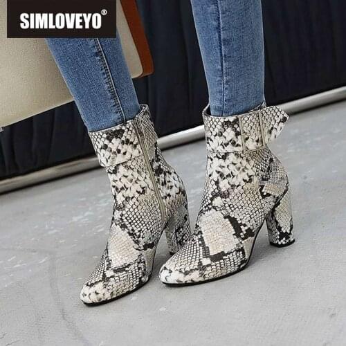 SIMLOVEY snake pattern Leather Boots for Women zipper Ankle Boots block Heels Snake Print buckle Chelsea booties large size 43