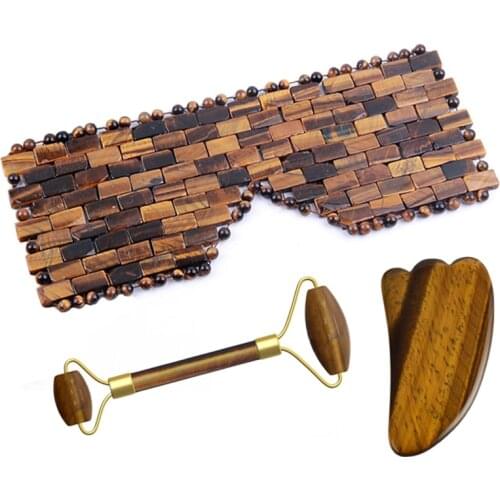 Tiger Eye Jade Eye Mask Face Massage Jade Roller Guasha Board Scraper Set Cold Therapy Facial Relaxing Sleep Massage Eye Mask