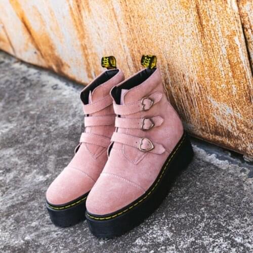 High Quality Leather Platform Boots Women England Style Buckle Strap Pink Ankle Shoes Fashion Street Winter Biker Booties Black